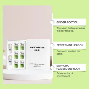 Detail view of the microneedle hair thickening solution set with active ingredients.