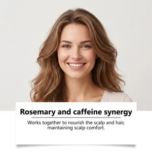 Rosmarin und Koffein Kopfhautpflege Essenz Detailansicht mit nährenden botanischen Inhaltsstoffen.