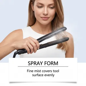 Steam hair straightener detail view showing fine mist spray and ergonomic handle design.