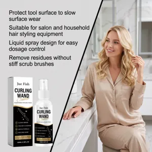 Detailed view of hair styling tool cleaner spray, showcasing bottle, box and lifestyle use.