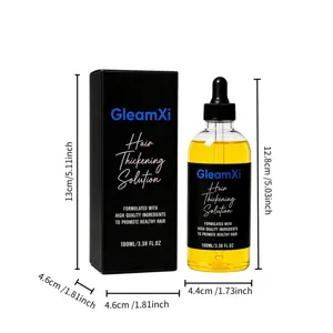 GleamXi Haardickerlösungsflasche und schwarze Verpackungsbox Detailansicht mit Maßen