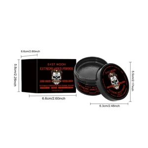 Detailansicht des 100g starken Haarpomadeglases und der Verpackung mit sehr genauen Maßen.