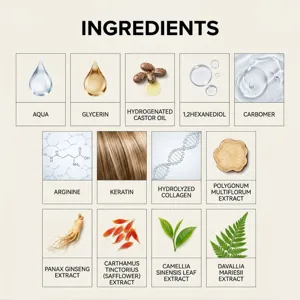 Detaillierte Inhaltsstofftabelle fuer Haarpflegefluessigkeit mit natuerlichen Pflanzenextrakten.