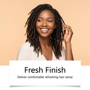 Detailed view of refreshing hair care scene featuring a smiling model with beautiful dreadlocks.