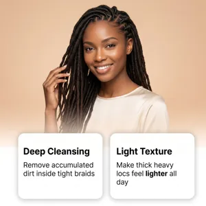 Close-up detail of hair care product application, showing clean locs and refreshing hair texture.