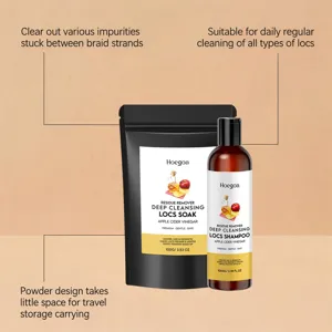 HOEGOA apple cider vinegar deep cleansing locs soak and shampoo detail view showcasing features.