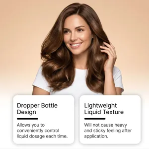 Nahaufnahme eines Modells mit leichtem Haarpflegeprodukt im praktischen Pipettenflaschendesign.