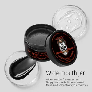 Detailansicht des Weithals-Pomadeglases mit glatter schwarzer Textur und Gelformel.