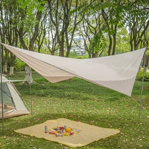 Détail de la bâche de camping extérieure avec tente et scène de pique-nique sur herbe.