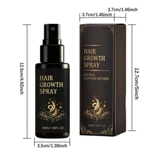 Haarwuchsspray Detailansicht mit Flaschenabmessungen und Produktverpackungsspezifikationen.