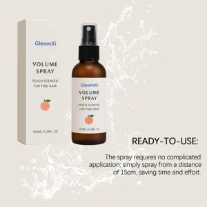 GleamXi Volume Spray for fine hair with peach scent, 100ml hair styling spray bottle.