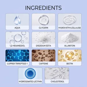 Ingredient detail infographic showing active components like copper tripeptide, caffeine, and biotin.