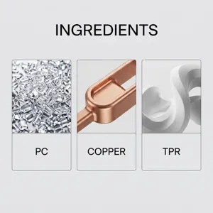 Vista detallada que muestra los ingredientes de material como plástico PC, cobre y TPR.
