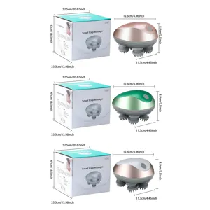 Dimensiones detalladas del masajeador eléctrico de cabeza con caja y varias opciones.