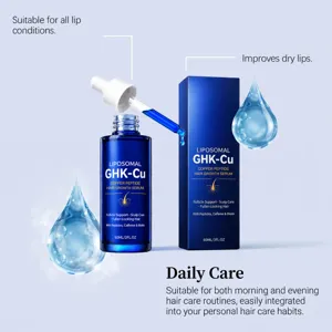 Detailed view of copper peptide hair growth serum bottle and box with dropper and water drops.