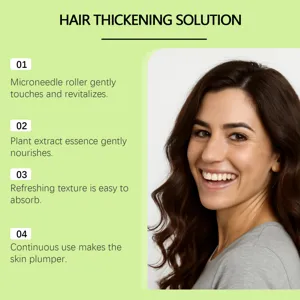 Detail view of hair thickening solution featuring microneedle roller and plant extract essence.