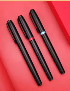 Hero black metal ballpoint pens set with colorful rings for business office meetings and signing.