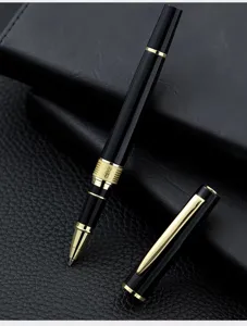 Black and gold metal rollerball pen detail shot, high-end business office signature pen.
