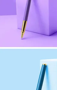 Metal ballpoint pen detail view, Morandi color aesthetic, smooth writing experience for business.