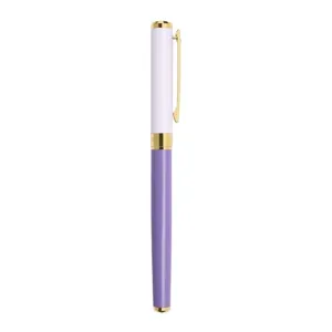 Metal signature pen with white cap purple barrel and gold clip for business office use.