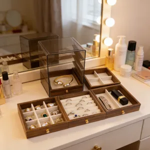 Detailed view of luxury wooden jewelry organizer with acrylic lid on a vanity.