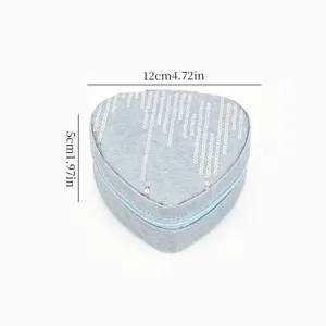 Heart-shaped blue denim jewelry box with sequins, size 12x5cm, portable for travel