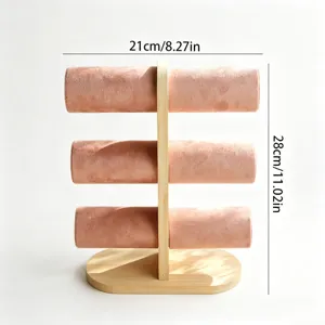 Detailweergave van de drielaagse bamboe sieradenstandaard in roze met afmetingen