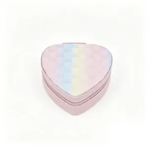 Detailed view of a sweet heart-shaped jewelry storage box featuring a rainbow textured lid