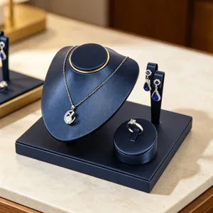 Juego de expositores de joyas profesional de cuero PU azul para collares anillos y pendientes