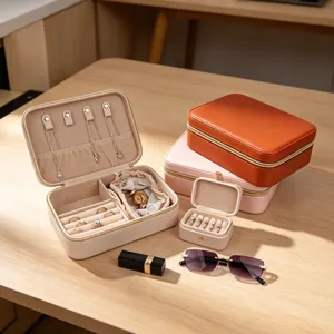 Exklusives Schmuckkästchen-Set aus Lederimitat in Beige, Rosa und Orange Farben