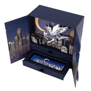 Parker rollerball pen gift box with city skyline and pegasus pop-up design, elegant office gift.
