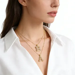 Double layer gold necklace with crystal letter pendants A and B for women fashion jewelry