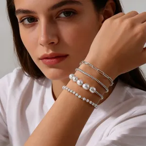 Ensemble de bracelets multicouches perle chaîne trombone 4 pièces bijou détail