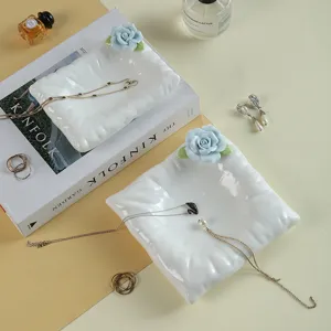 Handmade ceramic jewelry tray with blue rose flower, cute ring earring display dish organizer.
