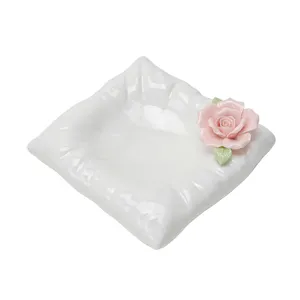 Handmade ceramic jewelry tray with pink rose flower, white pillow ring dish ring holder.