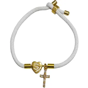 Bracciale in corda bianca alla moda con cuore lettera S dorata e croce, gioielli in zirconi.