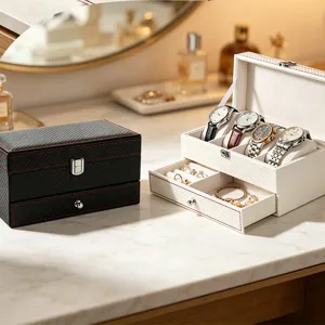 Elegante scatola per orologi a doppio strato in pelle PU con 4 slot e cassetto gioielli