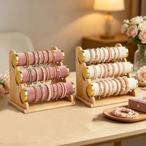 Gestufter Holz Schmuckständer Samtrollen Metallring Armbandhalter Uhrenorganisator Vitrine Für Haus Dekoration