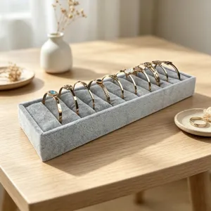 Grey velvet 10-slot rectangular bracelet display tray and jewelry organizer for shops