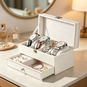 Elegante organizer per gioielli e orologi in pelle PU bianca a due strati con 4 scomparti
