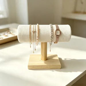 Professionele massief houten sieradenstandaard met witte fluwelen T-bar horloges