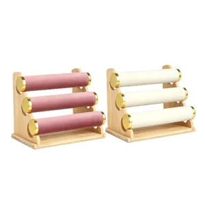 3-stufiges Schmuckständer-Set aus Holz mit Wildlederrollen für Armbänder und Uhren