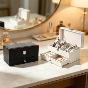 Elegante scatola porta orologi in pelle PU a due strati con 4 posti e comodo cassetto