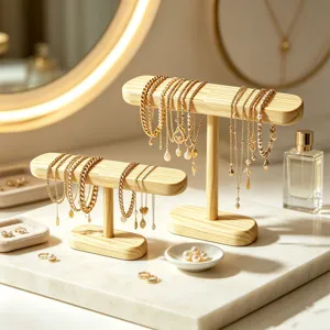 Zweiteiliges hölzernes Schmuckständer-Set für Halsketten und Armbänder auf Marmor.