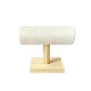 Professionele massief houten armbandhouder met luxe witte fluwelen T-bar cilinder