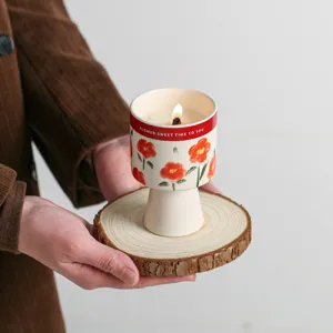 Ceramic Scented Candle Cup High Foot Vintage Red Flower Home Decor Party Table Candleholder