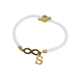 White woven rope bracelet with gold infinity symbol and letter S charm for couple daily wear