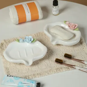 Ceramic soap dish with drainage, luxury floral ceramic soap holder for bathroom countertop.