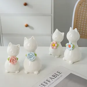 Handmade ceramic cat figurines, cute animal desktop ornaments for home living room decor.