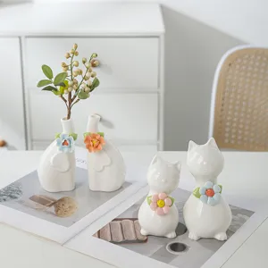 Handcrafted ceramic animal vases and cat figurines home decor, cute desktop ornaments for living room.